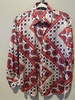 Zara Printed Satin Button-Front Blouse | Size Small | Boho Scarf Print